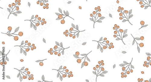 A delicate seamless pattern featuring small blush orange berries and grey leaves scattered across a white background creating a charming botanical print.