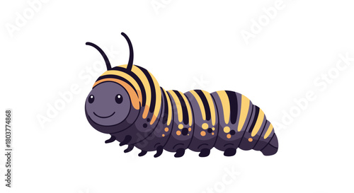 A cute cartoon monarch caterpillar with black and yellow stripes walking happily on a white background.
