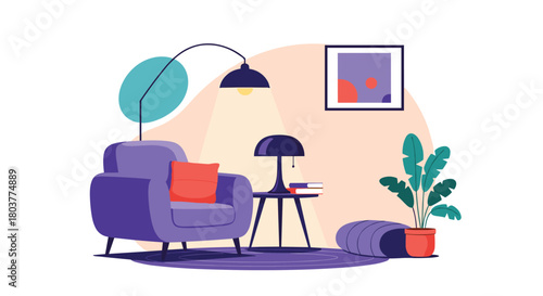 Cozy living room corner with comfortable armchair and ambient lighting.