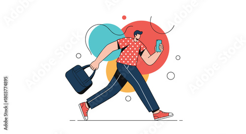 A man walks with his phone and bag while juggling his busy life.