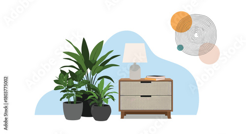 A modern bedside table with potted plants and a lamp on a light blue background.