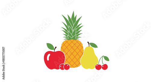 A colorful assortment of fresh fruits including a red apple a juicy pineapple a ripe pear and sweet cherries.