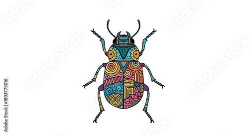 A vibrant and colorful beetle with intricate geometric patterns on its shell.