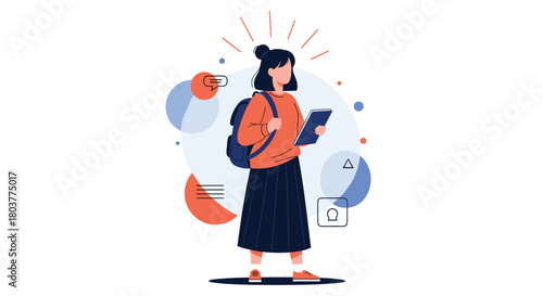 A young woman with a backpack holds a tablet and contemplates her educational journey.