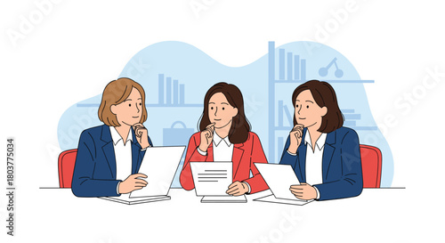 Three women in a meeting discussing documents and collaborating on a project.