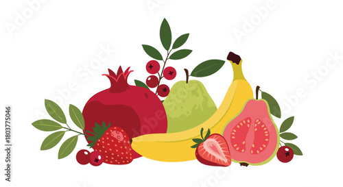 A vibrant assortment of ripe and fresh fruits including strawberries pomegranate pears bananas and guava.
