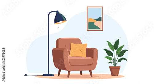 A comfortable armchair illuminated by a floor lamp in a cozy living room setting.