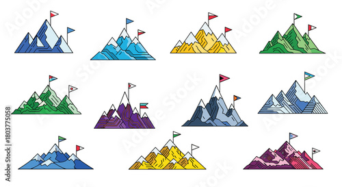 Illustrations of diverse mountain peaks adorned with flags signifying successful ascents and achievements.