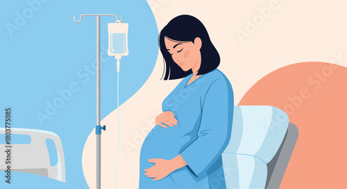 A pregnant woman in a hospital gown holding her belly while standing next to an IV drip stand.