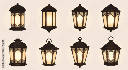 A collection of eight pixel art lanterns with ornate metalwork and warm glowing lights.