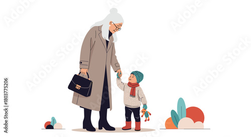 An elderly woman in a long coat holds hands with a young child dressed for winter.