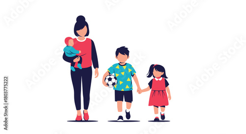 A mother walks with her three children a baby a boy holding a soccer ball and a girl holding her hand.