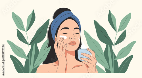 A young woman with a towel on her head applies cream to her face while holding a jar and surrounded by green leaves.