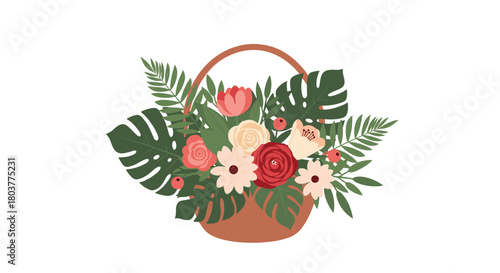 A beautiful basket filled with vibrant flowers and lush green leaves for any occasion.