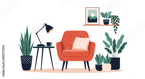 A cozy armchair sits beside a small table with a lamp and plants.