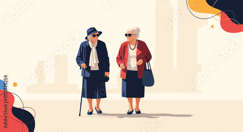 Two elderly women walking together outdoors with a cane and a purse.