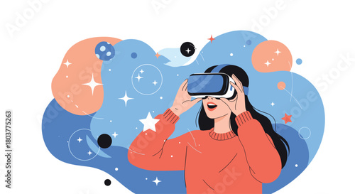 A person exploring a virtual reality world with stars and planets.