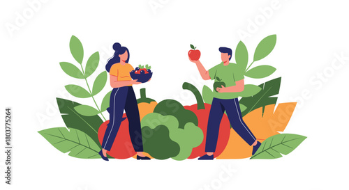 Two people harvesting fresh organic vegetables and fruits from a garden.