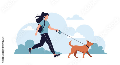 A woman enjoys a brisk walk with her energetic canine companion through a park on a cloudy day.