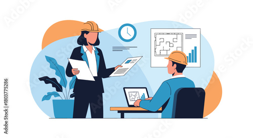 Two architects or engineers discussing a project blueprint on a laptop computer in an office.