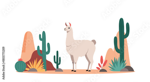 A fluffy llama stands in a desert landscape surrounded by cacti and colorful plants.