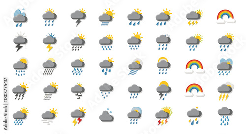 A comprehensive collection of weather icons depicting various meteorological conditions and phenomena.
