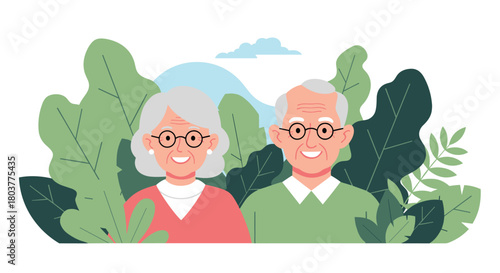 A loving illustration of a happy elderly couple enjoying nature together outdoors.