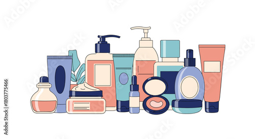 A collection of various skincare products and cosmetic items arranged together.