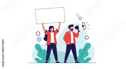 People protesting with signs and megaphones advocating for change.