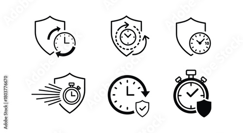 Time protection security fast delivery service warranty icons set
