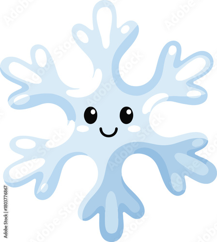 A cute, friendly, and stylized cartoon snowflake character with a smiling face and six simple points.
