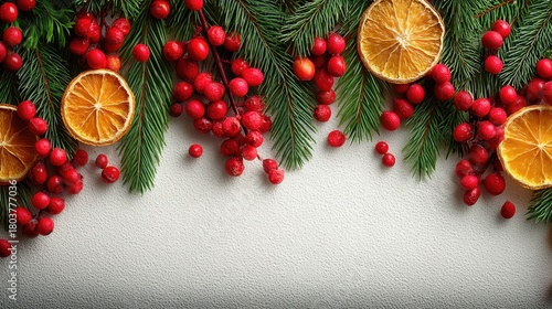 Christmas background with dried orange slices, red berries, and pine branches