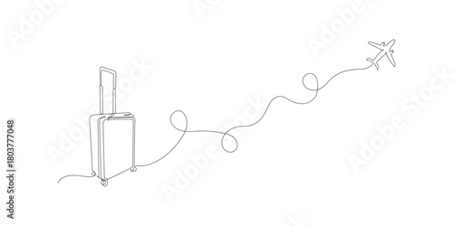 Continuous One line drawing of Trolly bag vector of luggage with airplane design
