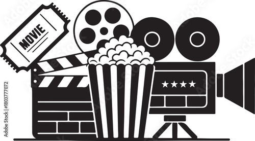 Black film elements show popcorn, ticket, clapboard, movie reel and camera on white