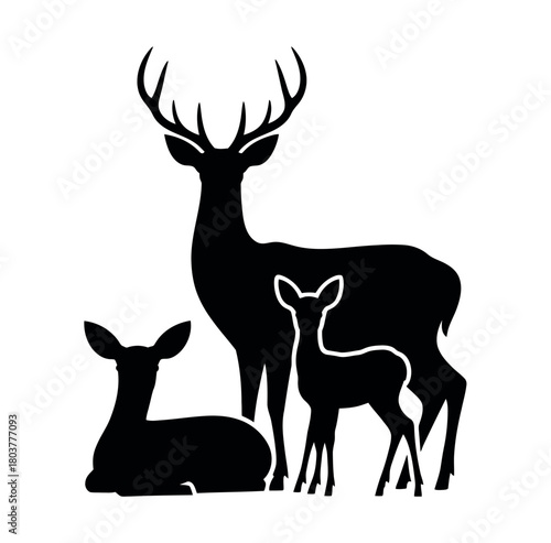 A silhouette of a majestic stag with antlers stands protectively over a doe and a fawn in a family grouping.