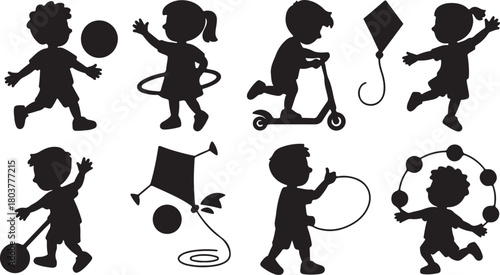 Black silhouette of diverse children enjoying fun activities such as playing, riding, and flying kites