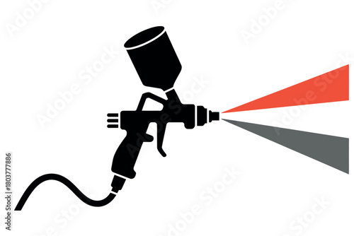 A black silhouette of a spray gun releases three streams of color in red, orange, and gray.