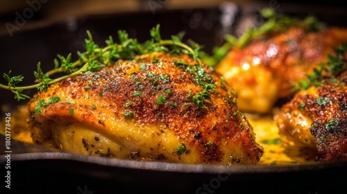 Fototapeta Naklejka Na Ścianę i Meble -  Golden baked chicken with crispy skin and juicy tender meat served on a rustic plate, perfectly seasoned for delicious home-cooked meal, comfort food dinner concept