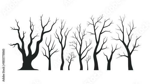Silhouettes of stark bare trees, diverse shapes and sizes, depicting winter dormancy, death, or a spooky forest landscape. graphic vector.