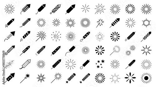 A comprehensive vector icon set showcasing an array of festive fireworks, dynamic firecrackers, and sparkling sparklers for celebration designs.