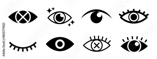 Set of diverse black eye icons representing vision, visibility, privacy, security, and interface functions on a minimal white background vector