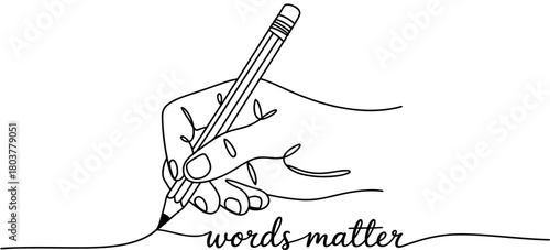 Continuous line art illustration of a hand holding a pencil and writing 'words matter,' emphasizing communication, education, and creative expression.