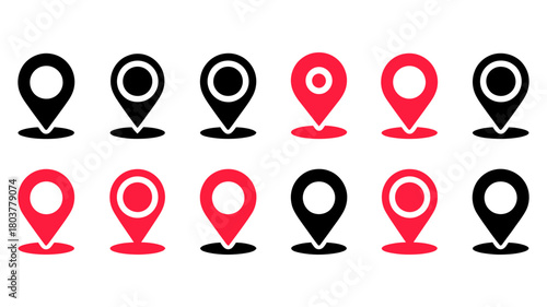 Ten minimalist black and red location map pin icons, featuring pointer symbols with central dots and circles, for navigation, websites, and mobile applications.