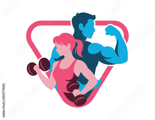 A man and a woman are lifting weights and exercising to build muscles and improve fitness.