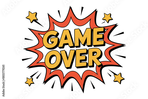 Game over text in a vibrant comic book explosion bubble with stars, symbolizing conclusion, defeat, or finality in digital gaming and challenges.