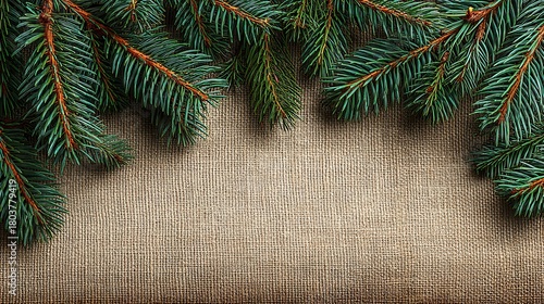 Christmas pine branches on brown burlap fabric textured background
