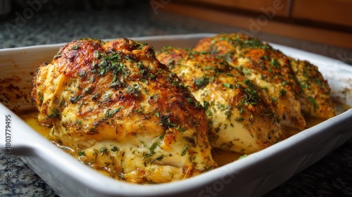 Fototapeta Naklejka Na Ścianę i Meble -  Golden baked chicken with crispy skin and juicy tender meat served on a rustic plate, perfectly seasoned for delicious home-cooked meal, comfort food dinner concept