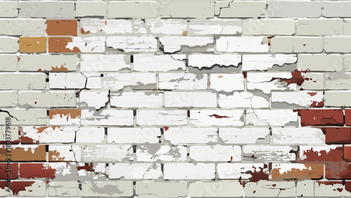 Aged white brick wall with chipped paint and subtle cracks, showcasing a worn, textured vintage surface