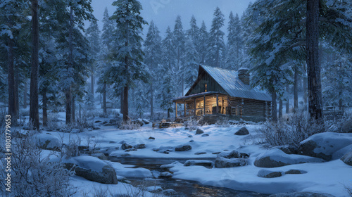 Log cabin in winter forest with stream flowing