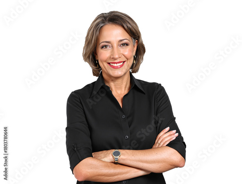 Mujer ejecutiva sonriente con brazos cruzados y fondo transparente